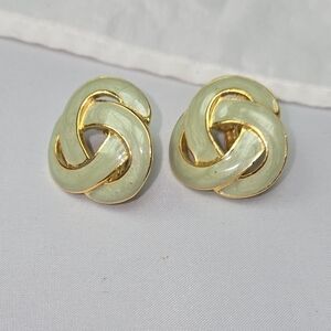 Vintage Screw Back Sage Green Enameled And Gold Tone Twisted Earrings